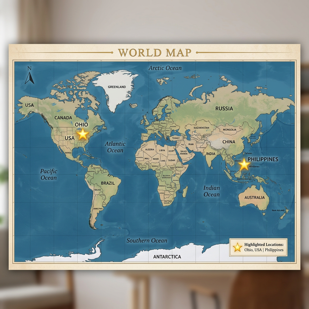 World map showing continents and oceans with stars on Ohio, USA and Philippines.