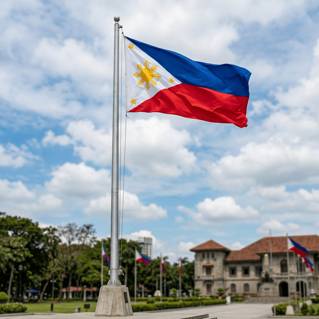 Philippine national flag on a flagpole with historic building and garden in background
