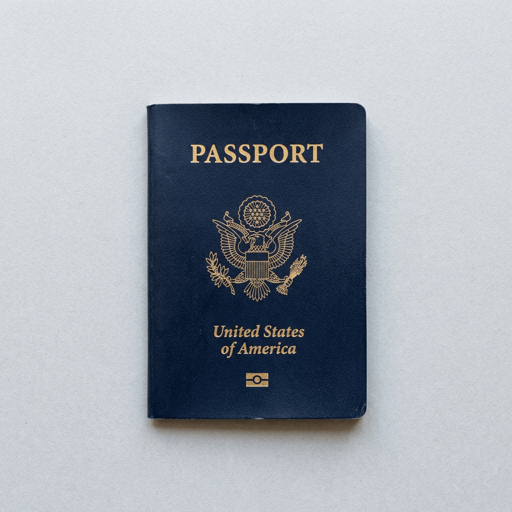 United States passport with golden emblem and text on dark blue cover